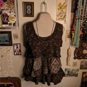 Vintage Layered Patchwork Tank Top Women's Large Brown